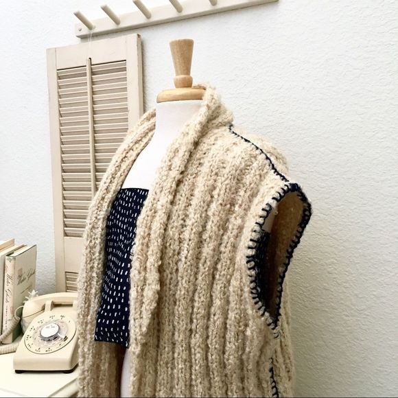 Hand Knit Boxy Sweater Vest, Blanket Stitched Trim - Picture 2 of 7